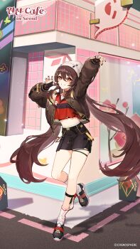 Rule 34 | 1girl, arm up, bad link, black gloves, black nails, black skirt, boo tao (genshin impact), bright pupils, brown hair, brown jacket, crop top, fingerless gloves, flower-shaped pupils, full body, genshin impact, ghost, gloves, hair between eyes, hair ornament, hand up, highres, hu tao (galaxy store) (genshin impact), hu tao (genshin impact), jacket, jewelry, korean text, long hair, long sleeves, low twintails, midriff, multiple rings, official alternate costume, official art, official wallpaper, open clothes, open jacket, open mouth, red eyes, red shirt, ring, shirt, shoes, sidelocks, skirt, smile, socks, solo, standing, standing on one leg, symbol-shaped pupils, twintails, white pupils, white socks