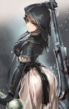 1girl absurdres black_bodice black_capelet black_hood blue_surcoat breasts capelet coif commentary_request elden_ring elden_ring_nightreign flanged_mace fromsoftware goth_fashion highres holding holding_mace holding_weapon looking_back mace michairu nun red_eyes simple_background undertaker_(elden_ring) weapon white_coif