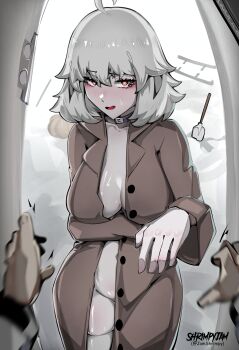 1boy 1girl absurdres ahoge bilingual_commentary blush breasts brown_coat coat commentary fate/grand_order fate_(series) fujimaru_ritsuka_(male) heart heart_in_eye highres jamshrimpy jeanne_d&#039;arc_alter_(fate) large_breasts looking_at_viewer medium_hair mixed-language_commentary snow sweat symbol_in_eye thighhighs twitter_username white_hair white_thighhighs