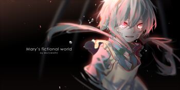 1girl alternate_hair_length alternate_hairstyle apron artist_name blue_dress character_name commentary dress english_text female_focus highres kagerou_project kozakura_marry mazumaro open_mouth red_eyes scales short_hair_with_long_locks silver_hair simple_background slit_pupils solo song_name tearing_up tears text_focus