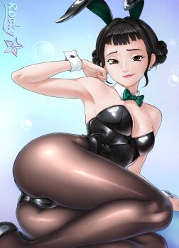 1girl absurdres animal_ear_hairband animal_ears artist_name ass bare_shoulders black_hair black_leotard blue_background bow bowtie breasts brown_eyes brown_pantyhose cameltoe detached_collar double_bun earrings fake_animal_ears gradient_background green_bow green_bowtie hair_bun hairband highres jewelry kpop_demon_hunters leotard looking_at_viewer lying on_side pantyhose playboy_bunny r0ckystar rabbit_ear_hairband rabbit_ears short_hair small_breasts solo wrist_cuffs zoey_(kpop_demon_hunters)