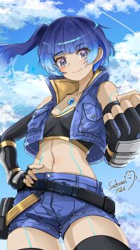 1girl belt blue_hair blue_sky breasts cloud crop_top cropped_jacket dark-skinned_female dark_skin elbow_gloves fingerless_gloves gloves glowing glowing_hair highres medium_hair midriff sena_(xenoblade) shorts side_ponytail sky small_breasts sofusan1526 xenoblade_chronicles_(series) xenoblade_chronicles_3