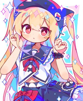 1girl :o absurdres animal_hat black_hat black_scrunchie black_skirt black_trim blonde_hair blue_background border bow bow_skirt bowtie breasts bright_pupils cat_hat chucolala commission cowboy_shot cross-laced_clothes cross-laced_skirt curled_fingers dorsiflexion_(wrist) double-parted_bangs hands_up hat high-waist_skirt highres long_hair looking_at_viewer midriff outline petite red_bow red_bowtie red_eyes sailor_collar scrunchie second-party_source shirt sidelocks skeb_commission skirt sleeveless small_breasts solo sparkle suzumiya_rin twintails uenomigi very_long_hair white_border white_outline white_pupils white_shirt wrist_scrunchie