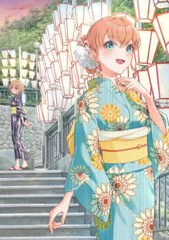 2girls :d absurdres aqua_eyes black_kimono blue_kimono brown_hair commentary_request cowboy_shot crossover floral_print floral_print_kimono hanasaku_iroha highres hinoshita_kaho ishikawa_prefecture japanese_clothes kanazawa_(city) kimono kobassy link!_like!_love_live! long_sleeves looking_at_viewer love_live! matsumae_ohana multiple_girls obi obiage obijime open_mouth orange_hair outdoors print_kimono real_world_location sandals sash smile solo_focus stairs striped_clothes striped_kimono vertical-striped_clothes vertical-striped_kimono virtual_youtuber yellow_sash yukata
