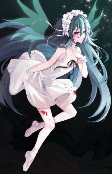 1girl aqua_eyes aqua_hair ballet_slippers blood blood_on_clothes blood_on_face blood_on_leg choker commentary dark_background double-parted_bangs dress ecchibeef frilled_choker frilled_headwear frilled_wrist_cuffs frills full_body green_wings highres light_particles long_hair neck_ribbon ribbon saya_(saya_no_uta) saya_no_uta solo transparent_wings white_dress white_ribbon wings wrist_cuffs