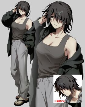 1boy 1girl black_eyes black_hair bracelet breasts call_of_cthulhu cleavage collarbone commentary_request genderswap genderswap_(mtf) grey_background grey_tank_top hair_over_one_eye hand_in_pocket highres jacket jewelry messy_hair mole original pants parted_lips sandals simple_background standing sweatpants tank_top ura_green_san zoom_layer
