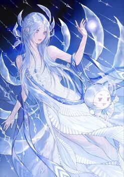 Rule 34 | 1girl, animal, bare arms, bare legs, bare shoulders, blue background, blue cloak, blue gemstone, blue hair, blue ribbon, blue theme, bodypaint, born flawless (infinity nikki), cat, chest jewel, cloak, clothed animal, commentary, dress, ear covers, energy ball, english commentary, facepaint, facial mark, feather hair ornament, feathers, feet out of frame, forehead mark, frilled dress, frills, gem, gradient background, hair ornament, hair over shoulder, highres, hood, hood up, hooded cloak, infinity nikki, long dress, long hair, momo (nikki), navel, nikki (series), official alternate costume, outstretched hand, pawpads, ribbon, scales, side slit, strapless, strapless dress, striped clothes, striped dress, sumi (suumiko ), vertical-striped clothes, vertical-striped dress, very long hair, wavy hair, white cat, white dress