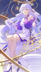 Rule 34 | 1girl, absurdres, aqua eyes, bare legs, bare shoulders, bird, bird on hand, breasts, cleavage, commentary, detached collar, detached sleeves, dress, english commentary, floating hair, gloves, hair between eyes, halo, hands up, head wings, high heels, highres, honkai: star rail, honkai (series), kanangnsn, long hair, looking ahead, musical note, open mouth, purple dress, purple footwear, purple hair, robin (honkai: star rail), short sleeves, sitting, smile, two-tone dress, white dress, white gloves, white wings, wings