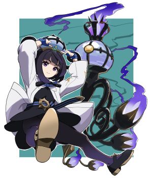 1girl absurdres arms_up asdf_4532 belt black_dress black_hair blunt_bangs bob_cut chandelure coat dress gen_5_pokemon gloves gradient_hair gwynn_(pokemon) hat highres long_sleeves mega_chandelure multicolored_hair nintendo o-ring o-ring_belt open_clothes open_coat pantyhose partially_fingerless_gloves pokemon pokemon_legends:_z-a purple_eyes purple_hair short_hair white_coat