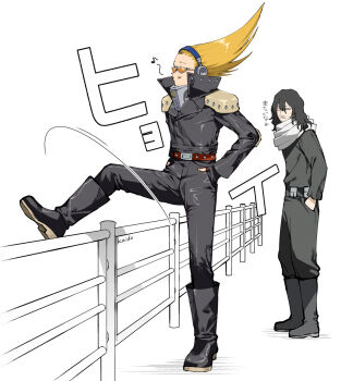 2boys aizawa_shota belt black_boots black_hair blonde_hair boku_no_hero_academia boots facial_hair full_body grin hands_in_pockets headphones kaido_(kaido_ggg) looking_at_another male_focus multiple_boys mustache mustache_stubble orange-tinted_eyewear present_mic scarf short_hair shoulder_pads smile stepping stubble studded_belt sunglasses tinted_eyewear translation_request white_background