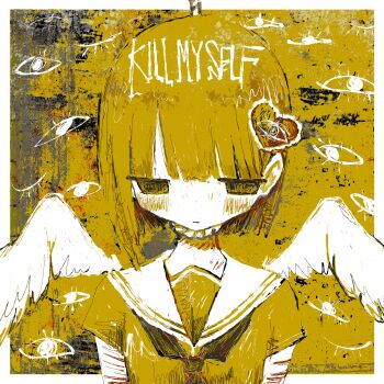 1girl border cuts english_text half-closed_eyes hanged highres injury noose noroi_(rnatataki) original outside_border rope sailor_collar sailor_shirt self-harm shirt short_sleeves straight-on suicide upper_body white_border yellow_theme