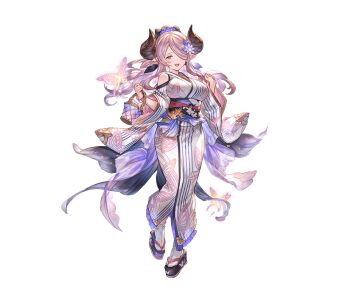 1girl alpha_transparency bare_shoulders black_bow blue_eyes blush bow breasts bug butterfly draph flower full_body geta granblue_fantasy hair_bow hair_flower hair_ornament hair_over_one_eye horns insect japanese_clothes kimono large_breasts long_hair long_sleeves looking_at_viewer narmaya_(granblue_fantasy) narmaya_(yukata)_(granblue_fantasy) obi official_art one_eye_covered open_mouth pink_hair platform_clogs pointy_ears ponytail purple_flower sash shoes smile solo standing tabi transparent_background wide_sleeves yukata