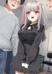 Rule 34 | 1girl, 2boys, absurdres, black dress, blush, breasts, cleavage, commentary request, dress, fang, grey hair, hair ornament, highres, indoors, jirai kei, large breasts, long hair, looking at another, menbou (menbow3v), multicolored hair, multiple boys, open mouth, original, pink eyes, pink hair, smile, two-tone hair, two side up, x hair ornament