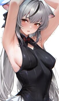 1girl animal_ears armpits arms_up bare_arms bare_shoulders black_hair blue_archive blue_halo blush covered_erect_nipples grey_hair halo highres kokona_(blue_archive) long_hair looking_at_viewer multicolored_hair open_mouth orange_eyes parted_lips re0n simple_background solo streaked_hair sweat upper_body white_background