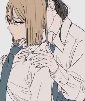 2girls black_hair blue_necktie brown_hair hair_between_eyes kamatama_rom long_hair long_sleeves medium_hair multiple_girls necktie original shirt simple_background white_background white_shirt yuri