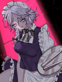 1girl apron blue_skirt blue_vest braid breasts commentary_request frills grey_eyes highres holding holding_tray izayoi_sakuya knife maid maid_apron maid_headdress medium_breasts medium_hair neon_(co2co8) parted_lips shirt short_sleeves skirt smile solo teeth thighs touhou tray twin_braids vest white_hair white_shirt window