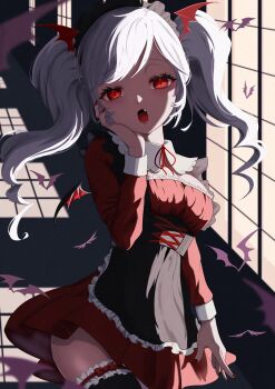 Rule 34 | 1girl, amanegi toro, breasts, commentary request, dress, fang, grey hair, highres, long sleeves, looking at viewer, maid, medium hair, open mouth, original, pointy ears, red eyes, solo, standing, twintails, vampire, white hair
