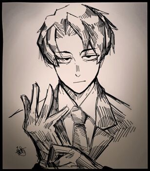 Rule 34 | 1boy, closed mouth, coat, collared shirt, greyscale, hand up, highres, library of ruina, long sleeves, looking at viewer, male focus, monochrome, necktie, nib pen (medium), parted bangs, pen (medium), photo (medium), portrait, project moon, roland (project moon), shirt, simple background, solo, surumenabe, traditional media, wing collar