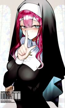 1girl baobhan_sith_(fate) black_dress black_veil blush breasts cross cross_necklace dress fate/grand_order fate_(series) grey_eyes highres index_finger_raised jewelry kabosoi_mangaka large_breasts long_hair long_sleeves looking_at_viewer necklace nun pink_hair sidelocks solo veil