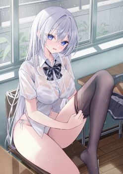 1girl absurdres black_skirt blue_eyes bow bowtie bra breasts brown_thighhighs button_gap chair collared_shirt commentary_request commission highres indoors knee_up korean_commentary long_hair looking_at_viewer medium_breasts navel no_shoes open_mouth original panties rangtori second-party_source see-through_clothes see-through_shirt shirt short_sleeves side-tie_panties single_thighhigh skirt solo string_panties thighhighs thighs underwear unworn_skirt very_long_hair wet wet_clothes wet_shirt wet_thighhighs white_bra white_hair white_panties white_shirt yuksi_(yuksi)