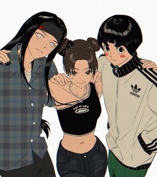 Rule 34 | 1girl, 2boys, absurdres, arm around shoulder, black hair, black headband, black nails, black pantyhose, black shirt, blunt bangs, blush stickers, bow, bowl cut, breasts, closed mouth, commentary request, cowboy shot, double bun, green pants, grey eyes, hair bow, hair bun, hand in pocket, headband, highres, hyuuga neji, jacket, korean commentary, light blush, long hair, m0 mo momo, medium breasts, midriff, multiple boys, nail polish, naruto (series), navel, pants, pantyhose, parted bangs, plaid clothes, plaid shirt, rock lee, shirt, short hair, single bare shoulder, single strap, smile, tenten (naruto), thick eyebrows, track jacket, white background, white jacket