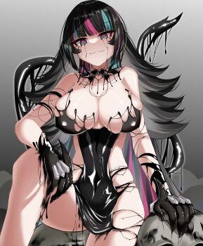 1girl absurdres black_collar black_dress black_gloves black_hair black_liquid blue_eyes blue_hair breasts cleavage collar covered_navel dress emma_llama gloves highres indie_virtual_youtuber ink ink_stain large_breasts liquid_clothes liquid_dress liquid_from_eyes liquid_tail long_hair multicolored_eyes multicolored_hair navel pink_eyes pink_hair shiny_skin sitting skindentation smile solo streaked_hair two-tone_eyes valella_moon virtual_youtuber