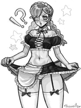 !? 1girl alternate_costume annie_(skullgirls) apron blush braid clothes_lift cowboy_shot detached_collar eyepatch frilled_apron frilled_skirt frills garter_straps greyscale groin highres looking_down maid_headdress midriff monochrome mooo_sann navel panties parted_lips puffy_short_sleeves puffy_sleeves short_sleeves skirt skirt_lift skullgirls solo striped_clothes striped_panties sweat thighhighs twin_braids underwear upskirt waist_apron