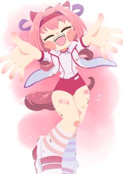 1girl animal_ears bandaid bandaid_on_leg blush bow buruma commentary_request ear_bow ear_covers flower_in_eye gloves hairband haru_urara_(bestest_prize)_(umamusume) haru_urara_(umamusume) headband highres horse_ears horse_girl horse_tail jacket long_hair open_mouth pink_buruma pink_hair pink_headband ponytail red_buruma red_gloves red_headband shinsei_tomato shirt smile solo symbol_in_eye tail umamusume