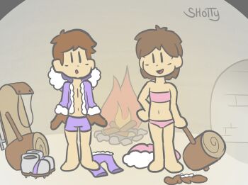 1boy 1girl arnkleblarn barefoot black_eyes blue_boxers blue_jacket blue_shorts blush boots boxers bra brown_hair brown_mittens campfire cleats fire flat_chest fur-trimmed_jacket fur-trimmed_mittens fur_trim grey_shoes hand_on_own_hip highres holding ice_climber igloo jacket loli looking_at_viewer male_underwear mallet mittens nana_(ice_climber) navel nintendo open_clothes open_jacket open_mouth panties parka pink_bra pink_panties popo_(ice_climber) shoes short_hair shorts shota sled smile snow_shelter underwear unworn_boots unworn_jacket unworn_mittens