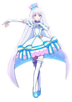 1girl animal_ear_hairband animal_ears aqua_bow arm_warmers bare_shoulders blue_bow blue_choker blue_crown blue_eyes blue_hairband blue_shoes blunt_bangs blunt_ends blush bow bow_hairband bright_pupils brooch cat_ear_hairband cat_ears choker colored_petticoat commentary crossed_legs crown crown_earrings cure_nyammy dot_nose dress dress_bow earrings emine_mutsu fake_animal_ears frilled_arm_warmers frilled_dress frilled_thighhighs frills full_body hairband hand_on_own_chest heart heart_brooch highres jewelry long_hair looking_at_viewer magical_girl medium_dress mini_crown multicolored_bow nekoyashiki_yuki off-shoulder_dress off_shoulder outstretched_arm pact_holder petticoat pouch precure shiny_cats_pact shoes simple_background smile solo sparkle standing straight_hair striped_bow thighhighs tilted_headwear very_long_hair white_arm_warmers white_background white_bow white_dress white_hair white_thighhighs wonderful_precure! yellow_pupils zettai_ryouiki