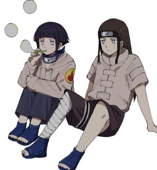 1boy 1girl bandaged_leg bandages black_headband black_pants black_shorts blowing_bubbles blue_headband blue_shoes blunt_bangs cousins full_body grey_eyes headband headband_around_neck highres hood hood_down hooded_jacket hugging_own_legs hyuuga_hinata hyuuga_neji jacket kena0n konohagakure_symbol light_blush long_hair long_sleeves naruto_(series) no_pupils open-toe_shoes pants parted_bangs shoes short_hair short_sleeves shorts sitting white_background white_jacket