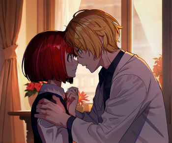 Rule 34 | 1boy, 1girl, ahoge, arima kana, black shirt, black vest, blonde hair, blue eyes, blush, bob cut, collared shirt, commentary request, curtains, flower, from side, hand on another's shoulder, hoshino aquamarine, indoors, jacket, looking at another, nyoro (nyoronyoro000), open mouth, oshi no ko, red eyes, red hair, shirt, short hair, vest, wavy mouth, white jacket, window