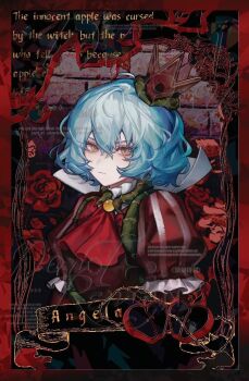 1girl angela_(project_moon) apple ascot blue_hair character_name chinese_commentary commentary_request commission crown e.g.o_(project_moon) english_text flower food frilled_sleeves frills fruit green_stem_(e.g.o) hair_between_eyes heart highres library_of_ruina looking_at_viewer mini_crown plant project_moon puffy_sleeves red_ascot red_flower red_ribbon red_shirt ribbon rose shirt solo upper_body usamisatori vines watermark yellow_eyes