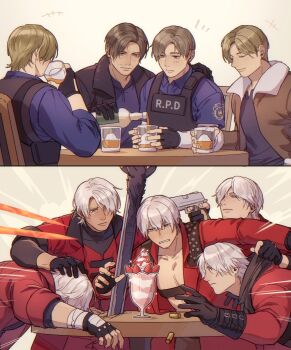 6+boys alcohol black_gloves black_jacket brown_hair brown_jacket bulletproof_vest capcom commentary_request company_connection cup dante_(devil_may_cry) dbox_2525 devil_may_cry devil_may_cry_(series) devil_may_cry_1 devil_may_cry_2 devil_may_cry_3 devil_may_cry_4 devil_may_cry_5 devil_sword_dante drinking drinking_glass fingerless_gloves food gloves grey_hair gun hair_over_one_eye handgun highres ice ice_cube jacket leon_s._kennedy liquor male_focus multiple_boys multiple_persona parfait police police_uniform pouring red_jacket resident_evil resident_evil_2 resident_evil_4 resident_evil_6 resident_evil_requiem strawberry_parfait table weapon
