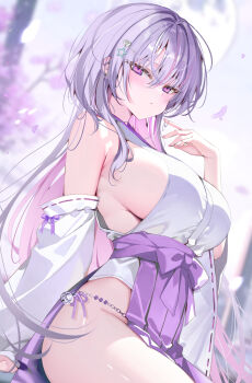 1girl arm_support bare_shoulders blurry blurry_background blush breasts chain closed_mouth colored_inner_hair commentary_request detached_sleeves dutch_angle falling_petals from_side groin hair_between_eyes hair_ornament hakama halterneck hand_up heart heart_hair_ornament japanese_clothes large_breasts long_hair long_sleeves looking_at_viewer multicolored_hair nontraditional_miko original parted_lips pelvic_curtain petals pink_hair pon_(ponidrop) purple_eyes purple_hair purple_hakama purple_petals ribbon-trimmed_sleeves ribbon_trim side_slit sideboob sideless_outfit sitting solo star_(symbol) star_hair_ornament tree very_long_hair white_background wide_sleeves