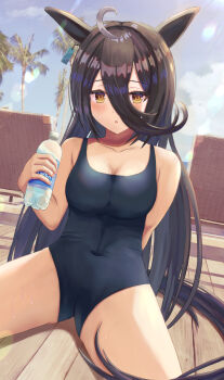 Rule 34 | 1girl, ahoge, animal ears, bare shoulders, black hair, black one-piece swimsuit, blue sky, blush, bottle, breasts, cleavage, collarbone, commentary request, covered navel, ear tag, earrings, hair between eyes, highres, holding, holding bottle, horse ears, horse girl, horse tail, jewelry, long bangs, long hair, long hair between eyes, looking at viewer, manhattan cafe (umamusume), medium breasts, multicolored hair, one-piece swimsuit, outdoors, palm tree, parted lips, pocari sweat, school swimsuit, single earring, sitting, sky, solo, swimsuit, tail, thurumu, tree, umamusume, very long hair, white hair, yellow eyes