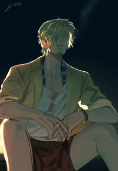 1boy blonde_hair bracelet cigarette collarbone commentary_request curly_eyebrows facial_hair goatee highres jacket jewelry kotomine_(a1569) male_focus mustache_stubble night one_piece outdoors sanji_(one_piece) shirt short_hair shorts sitting smoking solo stubble sunglasses white_shirt yellow_jacket