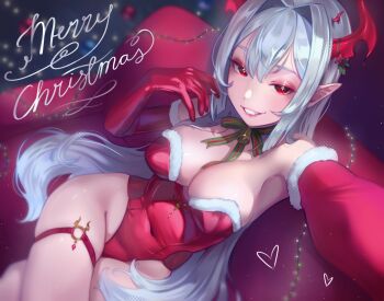1girl absurdres blurry blurry_background borrowed_character breasts character_request christmas commentary cross elbow_gloves english_commentary gift_art gloves grey_hair highres large_breasts leotard long_hair merry_christmas original parted_lips pointy_ears red_eyes red_gloves red_leotard rukunikun selfie sitting skindentation smile solo strapless strapless_leotard thigh_strap