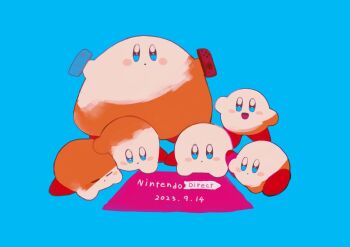 :d :o blue_background blue_eyes blush blush_stickers clone closed_eyes controller dated game_controller highres holding holding_controller holding_game_controller kirby kirby_(series) looking_at_object looking_at_viewer lying nintendo nintendo_direct nintendo_switch no_humans on_stomach open_mouth purano7 red_shoes shoes simple_background smile