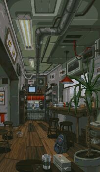 animated animated_gif backpack bag bottle bowl cable ceiling_light city commentary crt cup cupboard curtains english_commentary fluorescent_lamp grey_sky highres indoors kitchen no_humans original picture_frame pixel_art plant polaroid_photo potted_plant rain sky steam stool string_of_flags table vent_(object) waneella window wooden_floor wooden_table