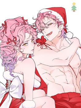 1boy 1girl alien_stage bow christmas christmas_tree commentary dress drill_hair fur-trimmed_dress fur_trim genderswap genderswap_(ftm) gradient_hair hair_bow hashtag-only_commentary hat highres long_hair mizi_(alien_stage) multicolored_hair multiple_hair_bows navel nyugi0v0 pectorals pink_hair purple_hair red_bow red_dress red_hat santa_costume santa_hat short_hair tongue tongue_out topless_male two-tone_hair white_bow yellow_eyes