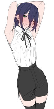 1girl absurdres armpits arms_behind_head arms_up black_choker black_hair black_ribbon black_shorts black_thighhighs blush chainsaw_man choker closed_mouth collared_shirt green_eyes hair_bun highres kawai_ritsu_(rits_meg) looking_at_viewer medium_hair neck_ribbon one_eye_closed reze_(chainsaw_man) ribbon shirt shirt_tucked_in shorts single_hair_bun sleeveless sleeveless_shirt solo standing stretching thighhighs white_shirt zettai_ryouiki