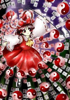 1girl ascot between_fingers black_shoes bow brown_hair danmaku detached_sleeves frilled_hair_tubes frilled_shirt_collar frills frown hair_bow hair_tubes hakurei_reimu highres holding imperishable_night kiri0ai long_hair nontraditional_miko ofuda ofuda_between_fingers orb red_bow red_eyes red_skirt ribbon_trim shide shirt shoes skirt skirt_set sleeveless sleeveless_shirt socks solo touhou white_sleeves white_socks wide_sleeves yellow_ascot yin_yang yin_yang_orb zun_(style)