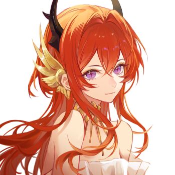 Rule 34 | 1girl, absurdres, ambience synesthesia, arknights, bare shoulders, black horns, chinese commentary, closed mouth, commentary request, crossed bangs, gold, hair between eyes, heartsleishideshuangmaweitoujinhearts, highres, horns, jewelry, light smile, long hair, looking at viewer, official alternate costume, portrait, purple eyes, red hair, simple background, solo, surtr (arknights), surtr (prelude to transcendence) (arknights), white background