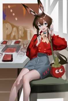 1girl :d absurdres alternate_costume amiya_(arknights) animal_ear_fluff animal_ears aqua_eyes arknights arms_up bag blue_skirt brown_collar brown_hair brown_ribbon collar feet_out_of_frame hair_between_eyes hashtag-only_commentary head_tilt highres infection_monitor_(arknights) jewelry ligod long_hair long_sleeves looking_at_viewer miniskirt open_mouth rabbit_ears rabbit_girl red_pupils red_sweater ribbon ring shoulder_bag sidelocks sitting skirt smile solo sweater teeth upper_teeth_only