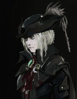 1girl black_background black_cape black_coat black_hat bloodborne brooch cape coat commentary english_commentary grey_eyes grey_hair hat highres jewelry lady_maria_of_the_astral_clocktower schellergheist short_hair simple_background solo tricorne