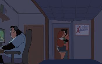 1girl 2boys amugea animal_ears bed black_hair book brown_hair cat_boy chair dog_boy dog_ears dog_girl door fat fat_man furry furry_female furry_male furry_with_furry gaming_chair gloves goof_troop grabbing_another&#039;s_ass groping headphones hetero highres indoors kiss long_hair max_goof mickey_mouse_&amp;_friends multiple_boys peter_pete_jr. playing_games roxanne_(a_goofy_movie) shirt shorts standing swivel_chair white_gloves