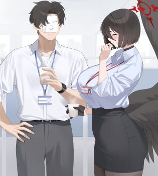 1boy 1girl absurdres alternate_hairstyle black_hair black_pantyhose black_skirt black_wings blue_archive breasts closed_eyes cup ddog doodle_sensei_(blue_archive) drinking_glass feathered_wings hair_between_eyes halo hasumi_(blue_archive) highres holding holding_cup huge_breasts id_card indoors low_wings medium_hair mole mole_under_eye office_lady oversized_wings pantyhose pencil_skirt red_halo sensei_(blue_archive) shirt skirt smile white_shirt wings