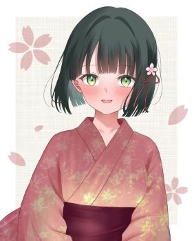 Rule 34 | 1girl, :d, black hair, blunt bangs, blush, bob cut, border, commentary, flower, green eyes, grey background, hair flower, hair ornament, hair ribbon, hashtag-only commentary, highres, japanese clothes, kimono, kosaki 03, link! like! love live!, long sleeves, looking at viewer, love live!, momose ginko, obi, open mouth, orange kimono, outside border, pink flower, red ribbon, red sash, revision, ribbon, sash, short hair, smile, solo, upper body, virtual youtuber, white border, yukata