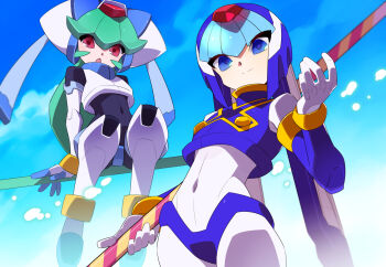 2girls android blue_eyes blue_helmet blue_sky crop_top fairy_leviathan_(mega_man) fins forehead_jewel green_hair head_fins helmet holding holding_polearm holding_weapon kaidou_zx long_hair looking_at_viewer mega_man_(series) mega_man_zero_(series) mega_man_zx multiple_girls navel pandora_(mega_man) polearm red_eyes robot_girl simple_background sky staff weapon